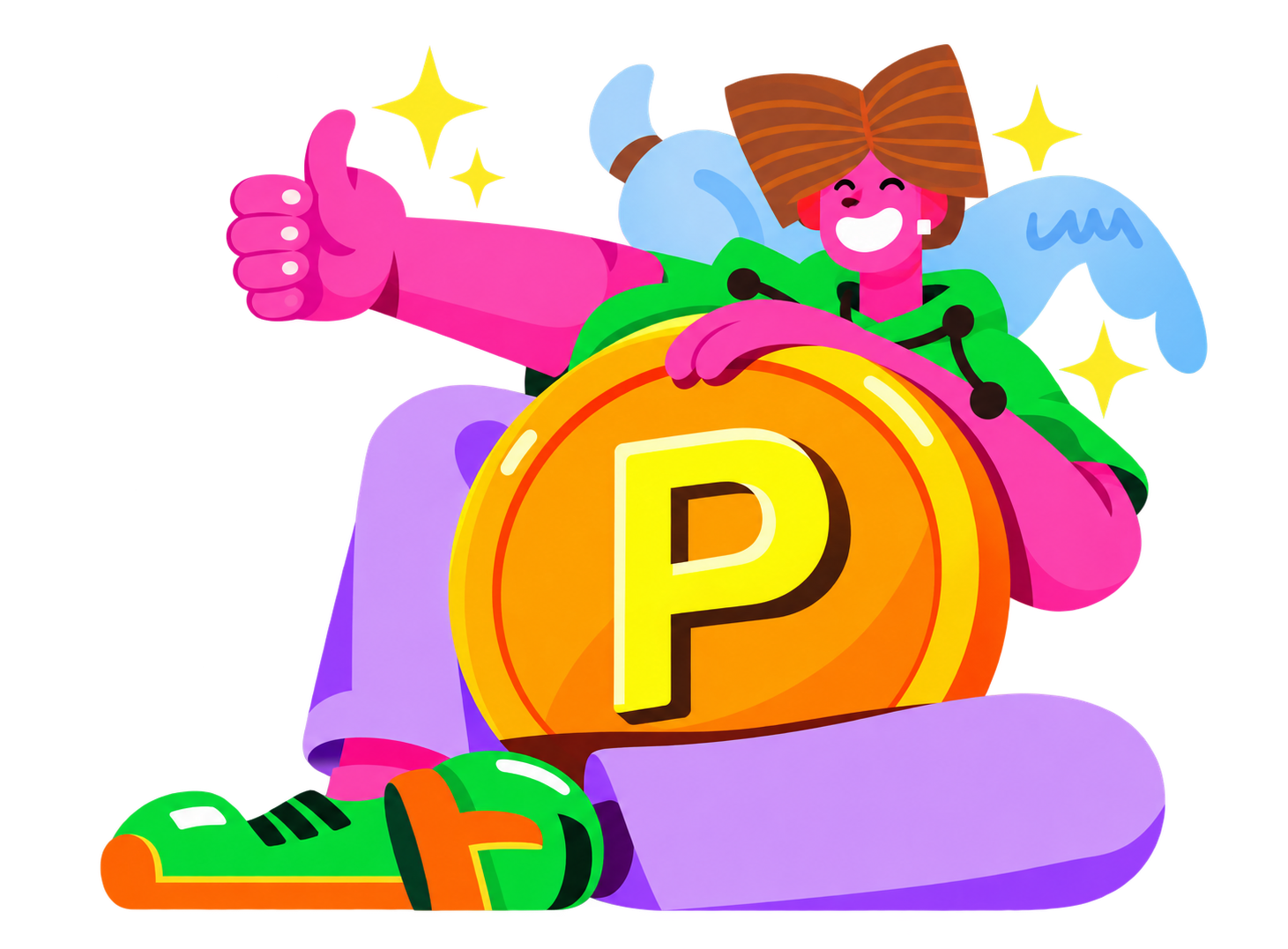 Personagem colorido com uma moeda dourada